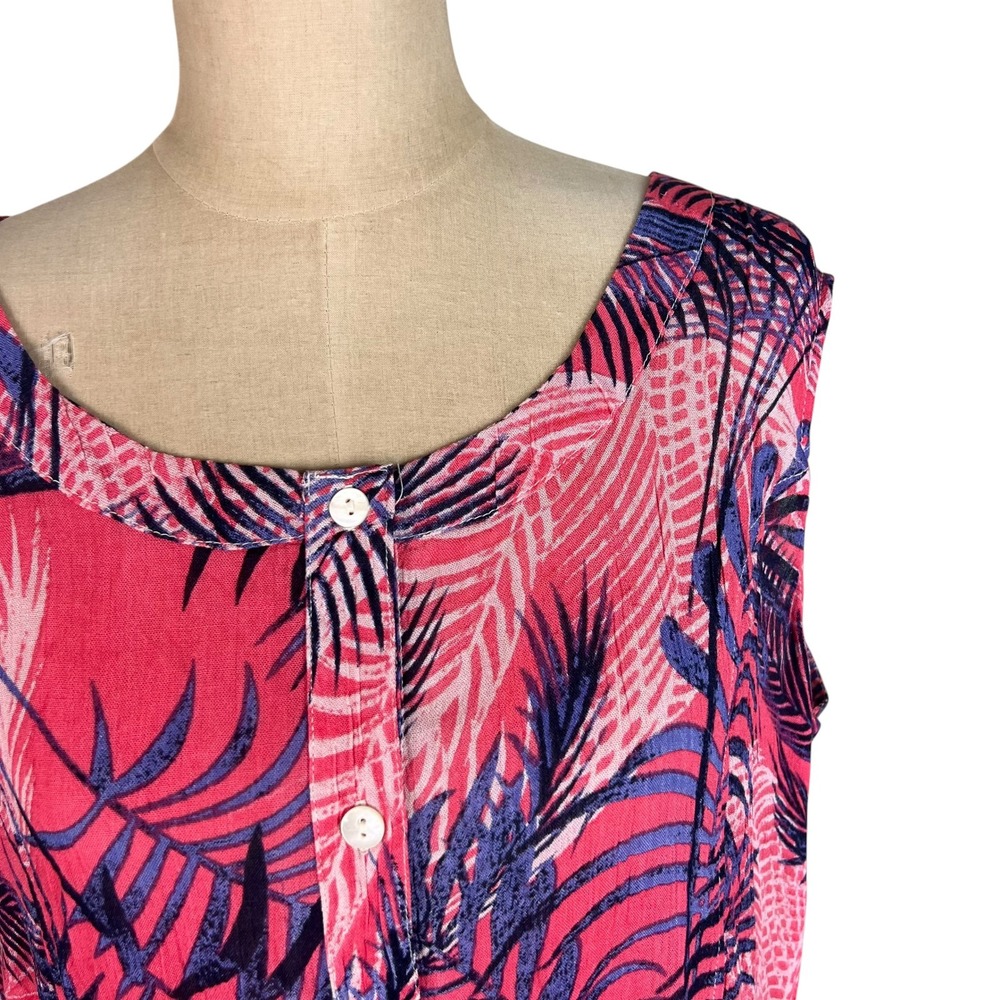 Easy Essentials Pink Purple Tropical Palm Print Rayon Button Front Midi Dress L - Picture 2 of 11